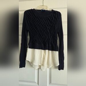 Simply Vera Vera Wang Ruched Asymmetrical Long Sleeve Blouse in Blue and White